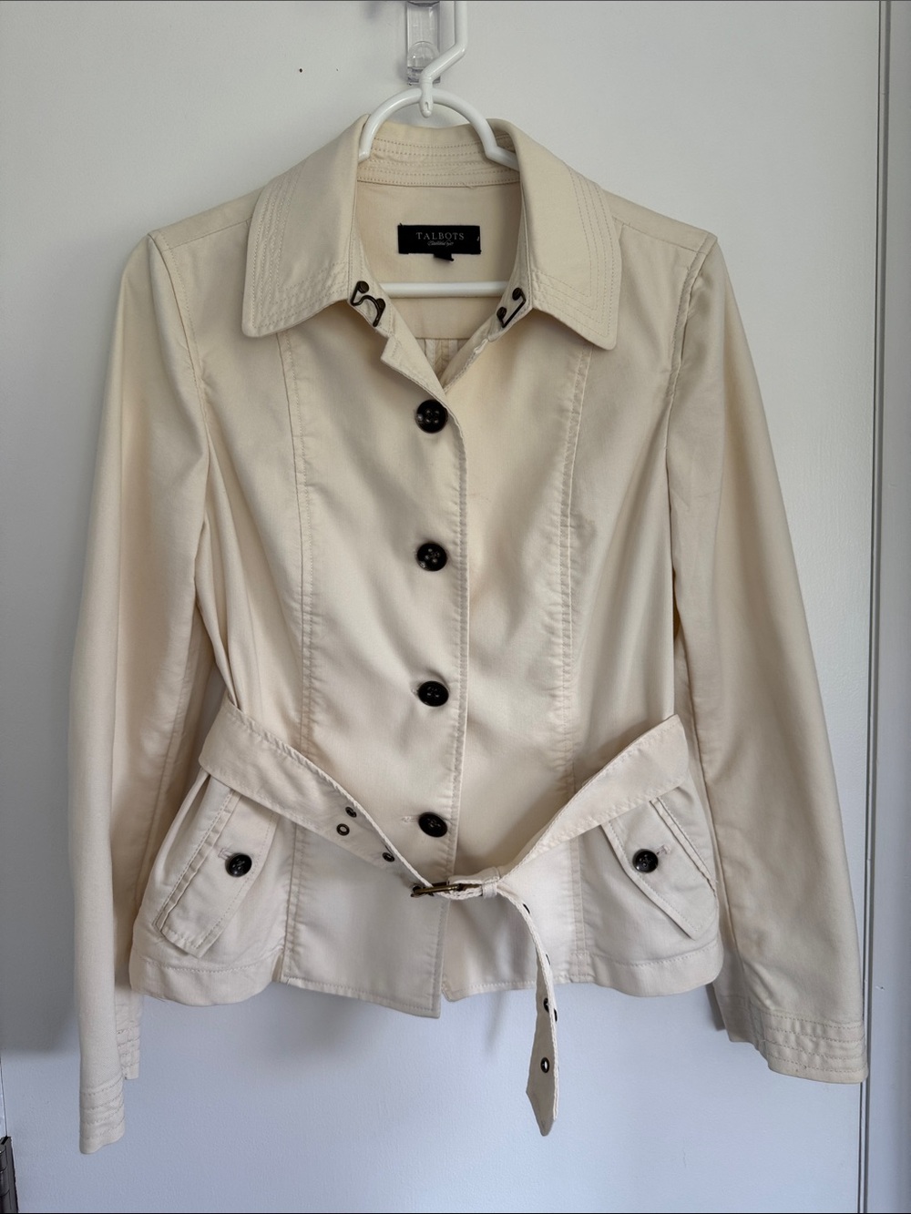 Talbots Cream Button-Front Belted Trench Jacket